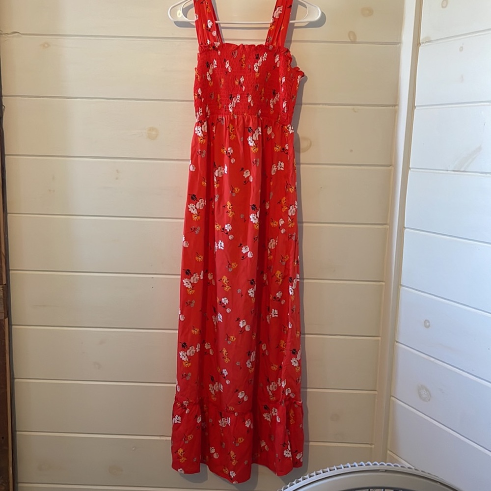 Red Floral Maxi Sundress with Smocked Bodice